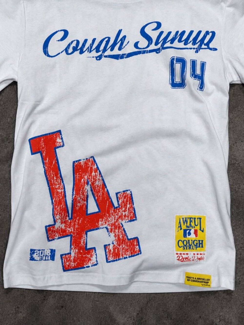 Awful Lot Of Cough Syrup Dodgers LA White Graphic Tee